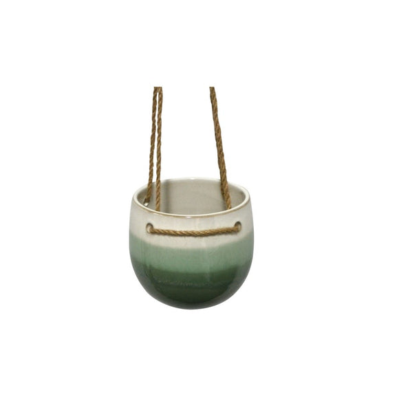 Suspended Hanging Pottery Planter - Green stripes