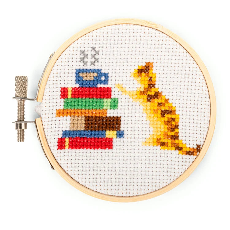 Mini Cross Stitch Embroidery Kit - Cat With Books