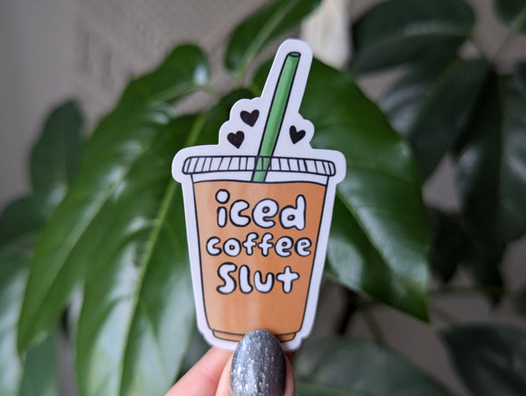 Iced coffee slut vinyl sticker, funny cafe merch: Loose
