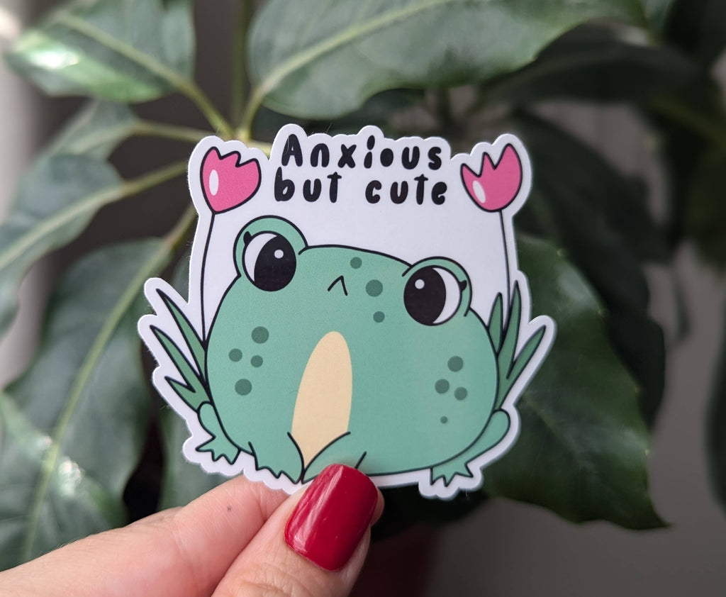 Anxious but cute vinyl sticker, frog stickers , bookish: Loose