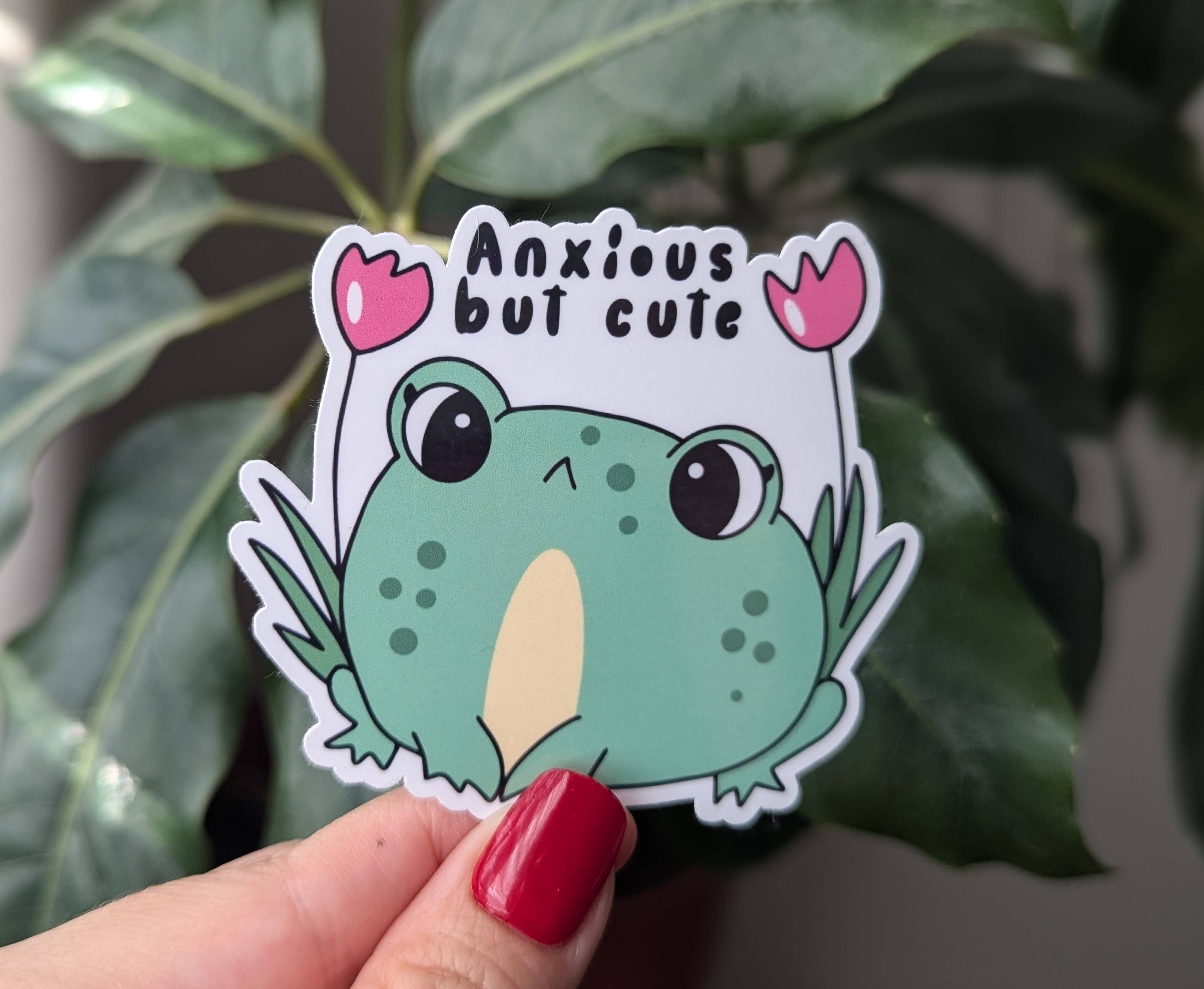 Anxious but cute vinyl sticker, frog stickers , bookish: Loose