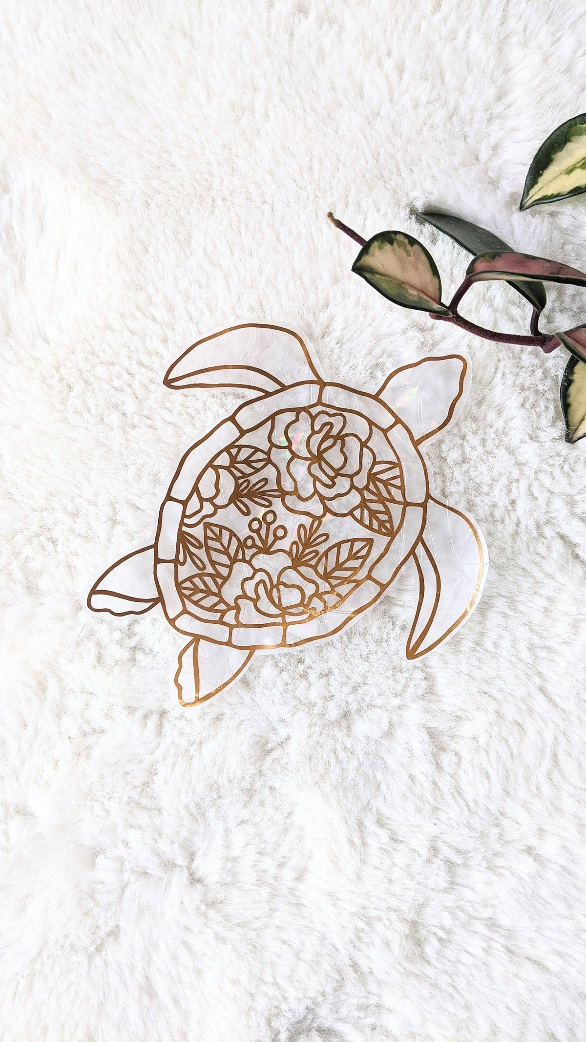 Sea Turtle Suncatcher | Prismatic Window Cling | Copper Decor | Hibiscus Floral Pattern