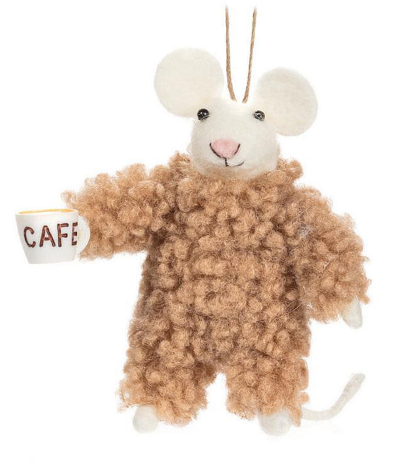Mouse In Fuzzy Pjs With Mug Ornament-4.5”H