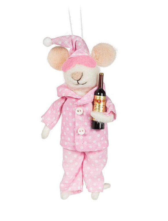 Panama Mouse With Wine Ornament 5”H