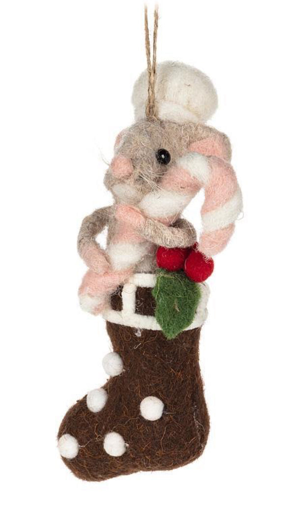 Mouse In Stocking Ornament-6”H