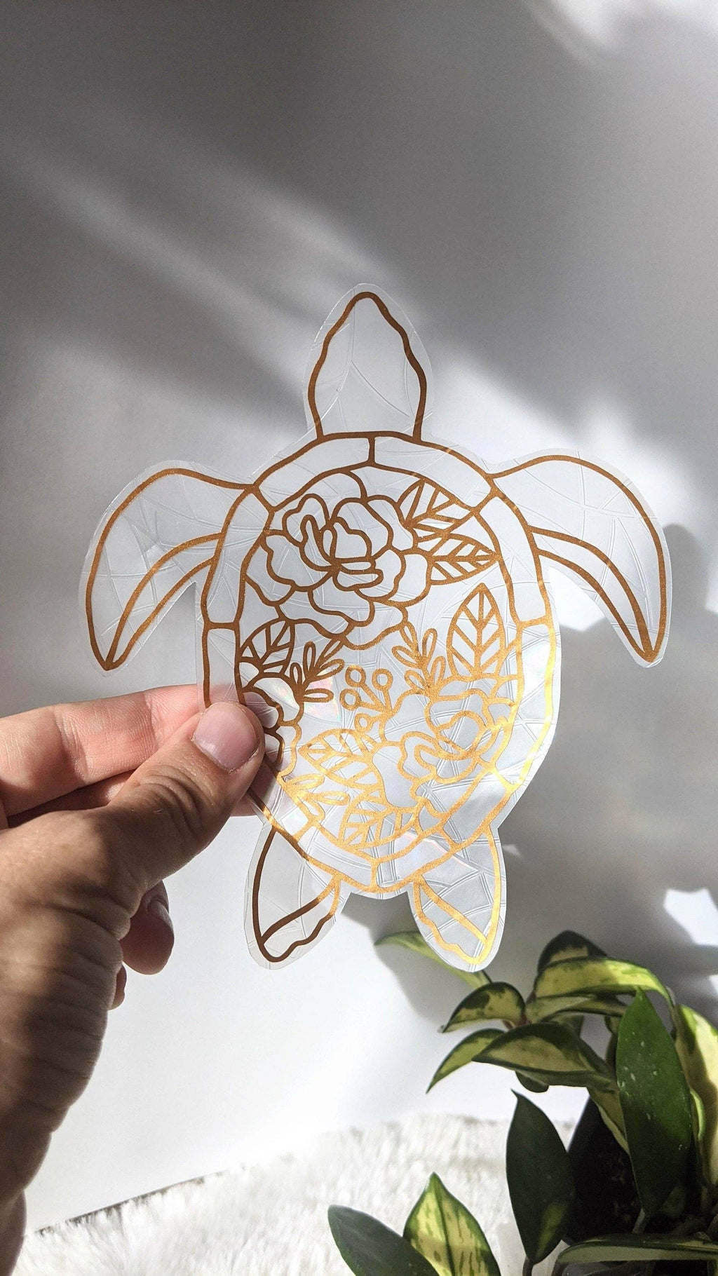 Sea Turtle Suncatcher | Prismatic Window Cling | Copper Decor | Hibiscus Floral Pattern