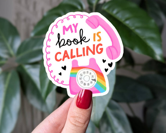 My Book Is Calling Sticker, Retro Bookish Rainbow Phone