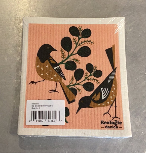 Swedish Dishcloth - Orioles Brown Bird Pink Background