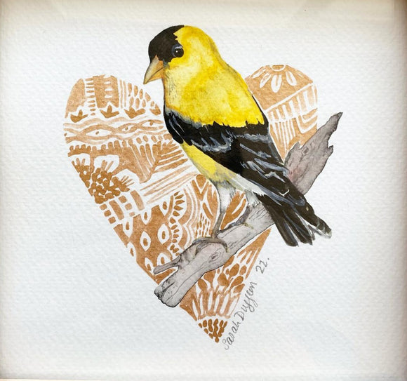Goldfinch on Gold Heart Print
