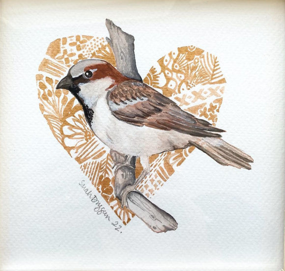 Sparrow on Gold Heart Print
