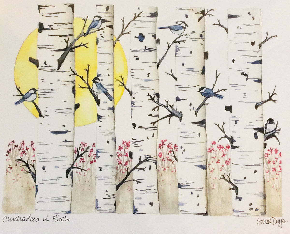 Sarah Duggan Creative Works Prints - Chickadees In Birch
